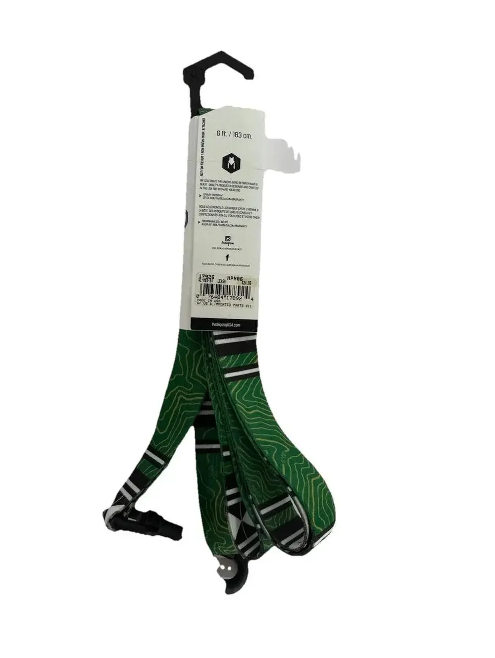 (RG) Wolfgang Man & Beast Venture Dog Leash 6ft Green Topo Map Print Made NWT